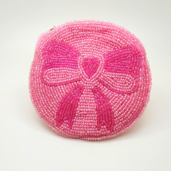 Handmade glass beaded round shape ribbon pink fashion coin pouch purse gift item - Picture 2 of 3